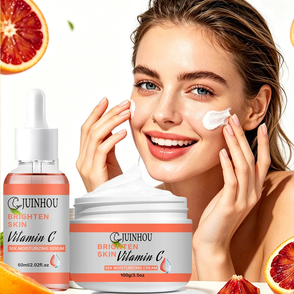 JUINHOU Vitamin C Skin Care Serum Cream Set Brighten Moisturizing Oil-Control Improve Uneven Skin Tone For Dull Skin Daily Care