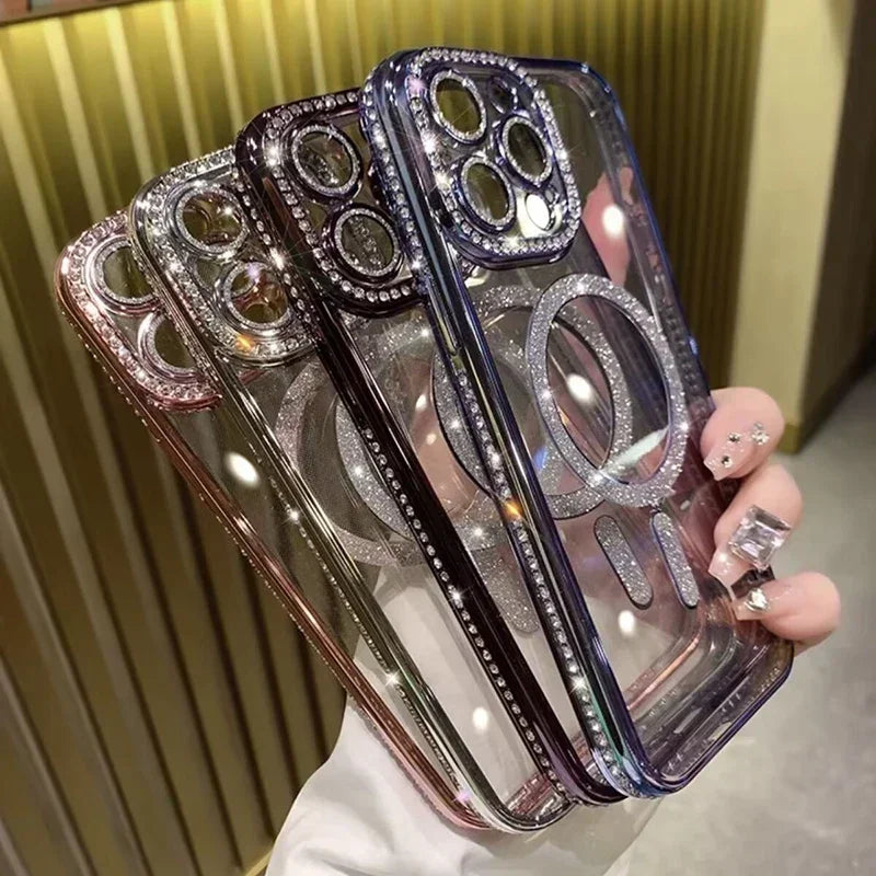 New Fashion Glitter Diamond Transparent Case For iPhone 16 15 14 13 17 12 18 Pro Max Plus Magnetic Wireless Charge Bumper Cover