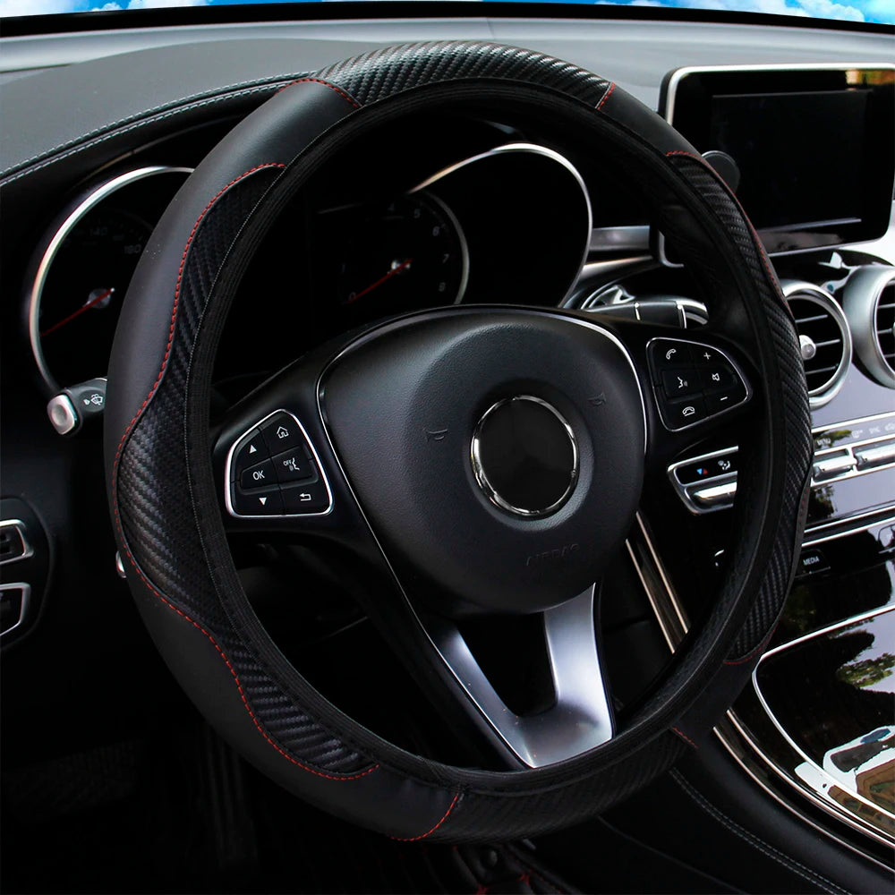 Universal Fit PU Carbon Fiber Leather Car Steering Wheel Cover 14.5-15 Inch No Inner Ring Required Vehicle Decoration Accessory
