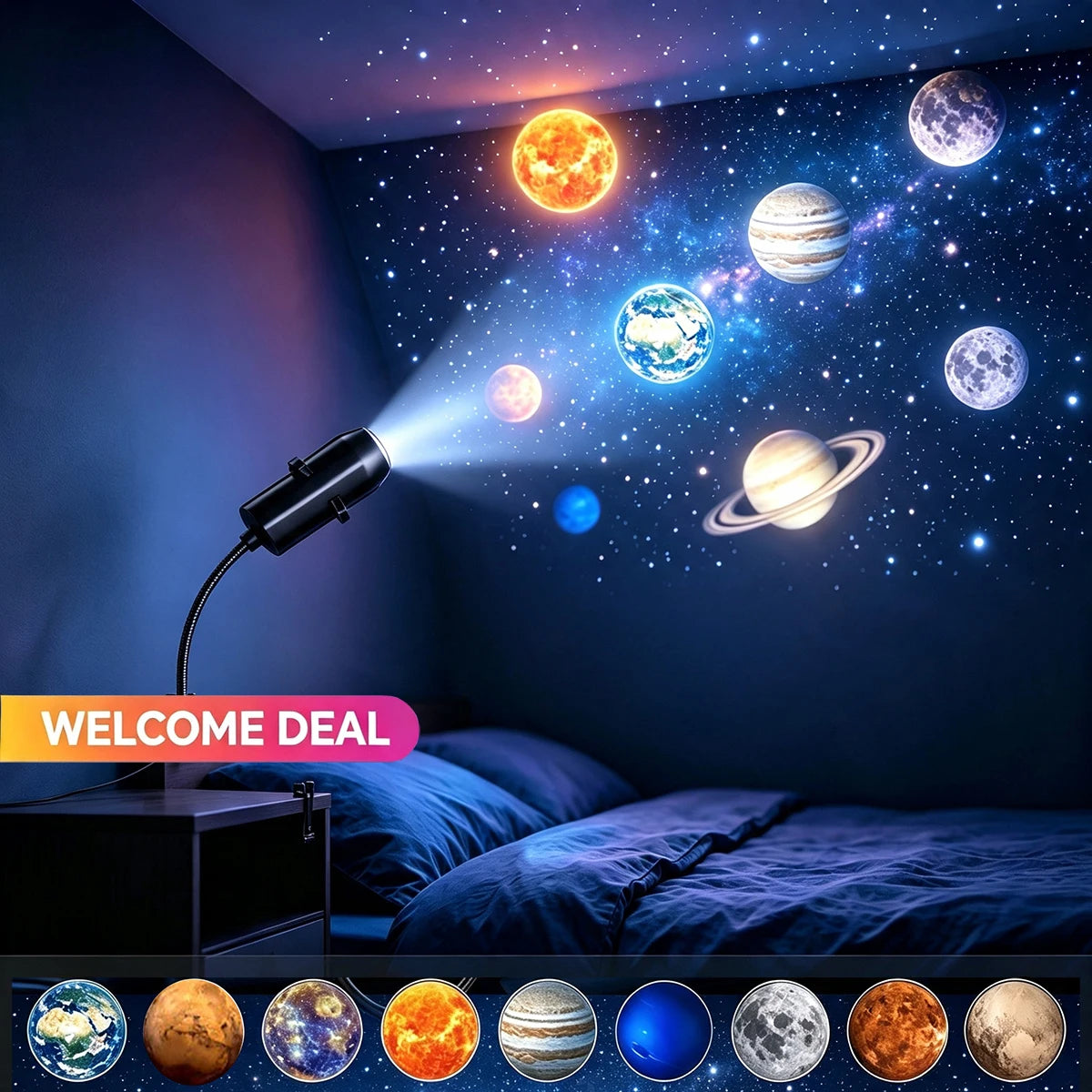 USB Starry Sky Projector Lamp 360° Rotatable Flexible Hose Planet Galaxy Projection Light with 17/12 Pcs Film Slides Bedroom