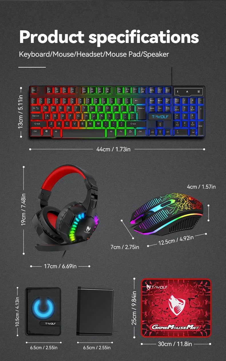 2026 NEW 5-in-1 Set Gaming Combo Keyboard 4-color Breathing Light Mouse 3.5mm Gaming Headset Gaming Speaker Anti-slip Mouse Pad