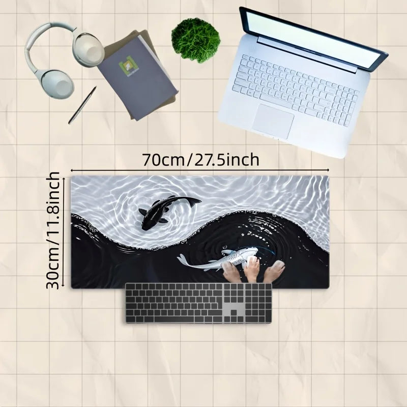 Tai Chi Koi Patterned Gaming Mouse Pad Non-Slip Rubber Base Precision Stitched Edges Waterproof Rectangular Desk Mat Office Game
