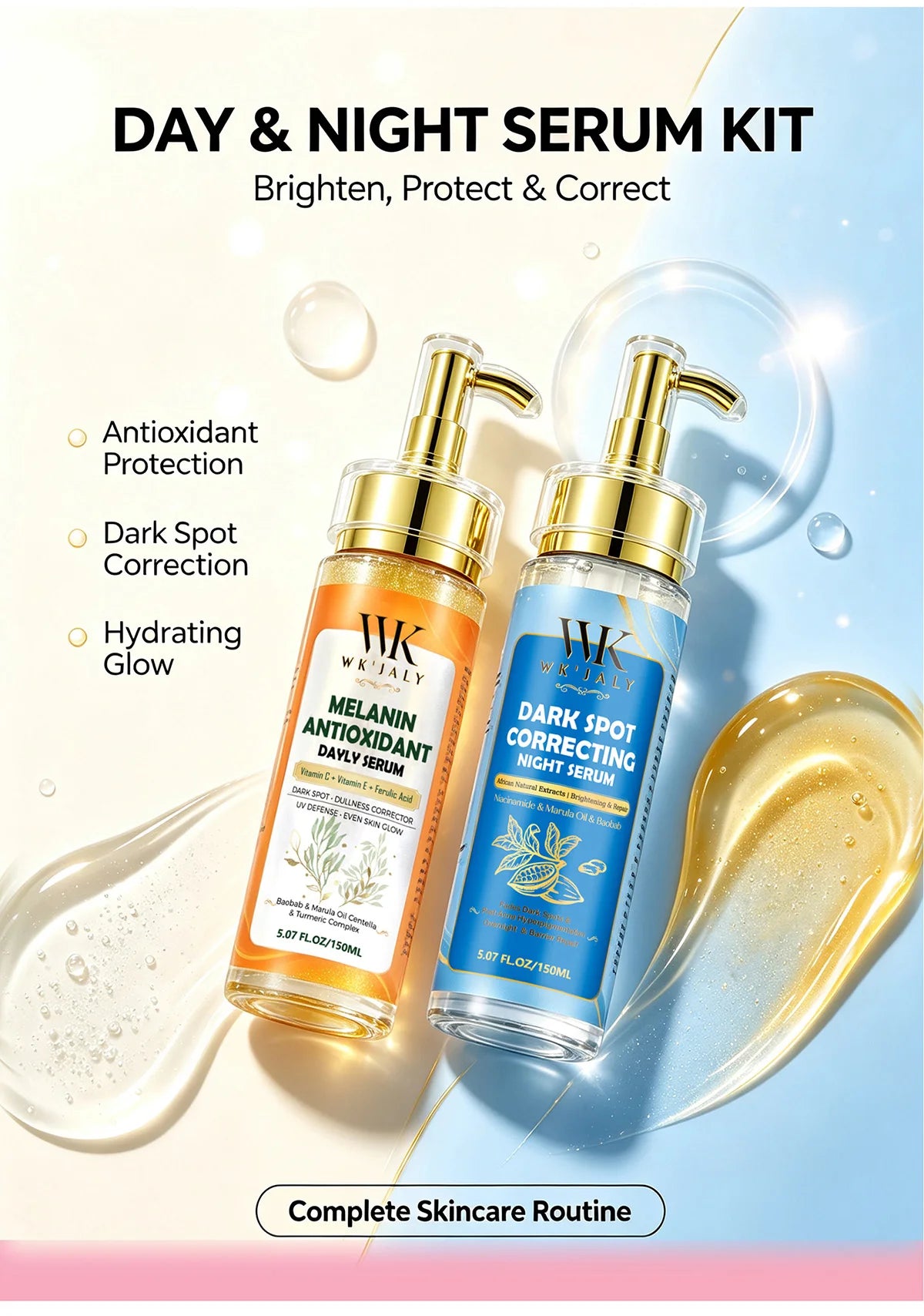 WK JALY Dark Spot Correcting Day and Night Serum, With Turmeric, Vitamin C, Moisturizing, Lightening, Even Skin Tone Essence