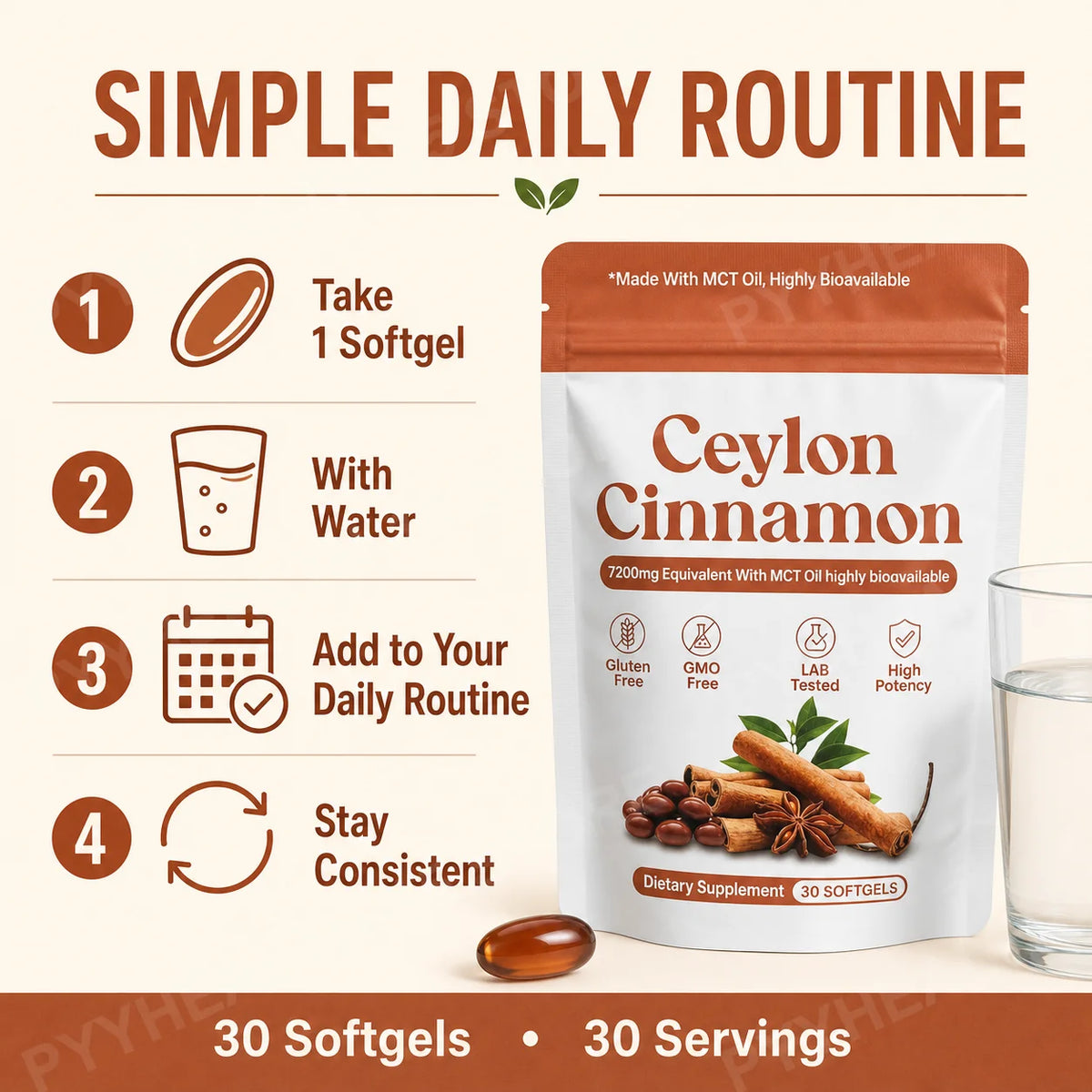 Ceylon Cinnamon Softgels 7200mg Equivalent,12:1 Concentrated Extract with MCT Oil,High Bioavailability, Daily Balance Support