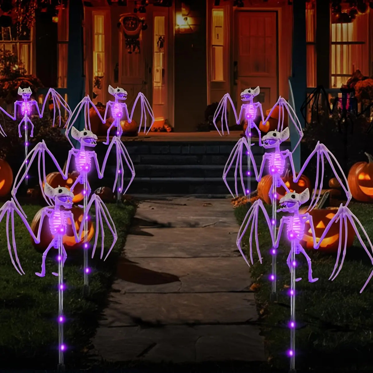 2PC/Set Halloween Outdoor Solar Garden Lights Waterproof 3D Horror Bat Skeleton Purple Orange Stake Lights House Party Decor