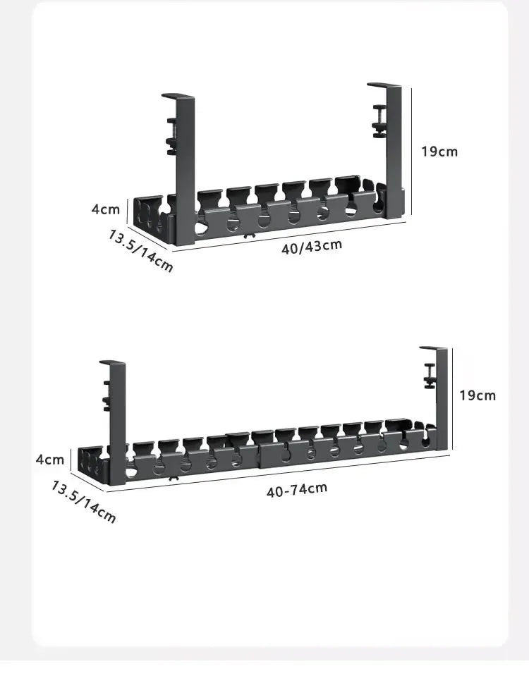 Retractable No Drill Clamp On Under Desk Cable Tray Metal Power Strip Wire Organizer Router Cord Storage Holder