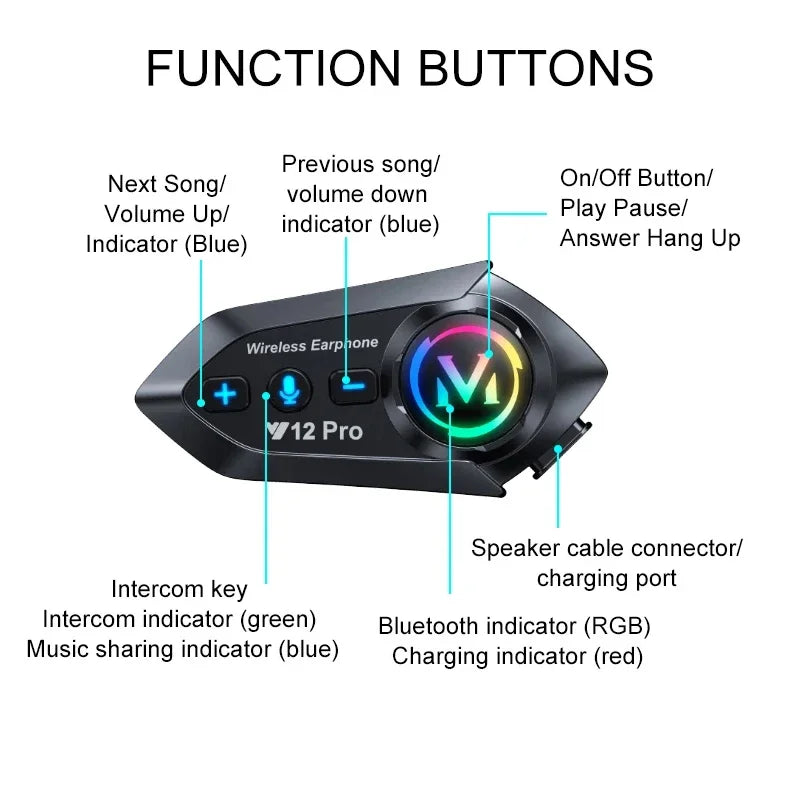 Y20 Pro Motorcycle Helmet Headset Bluetooth 500M Intercom FM Radio Hands-free Call Waterproof Mixing Music Sharing Interphone