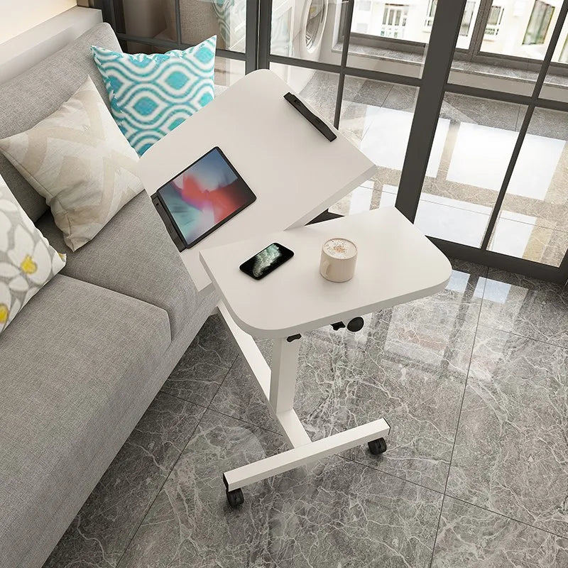 Mobile Laptop Desk with Wheels Height Adjustable Overbed Table, 180 Tiltable Bedside Computer Stand with Safety Edge Stopper, Carbon Steel Rolling Notebook Tray for Home Office Sofa Bed, White Bedroom Furniture