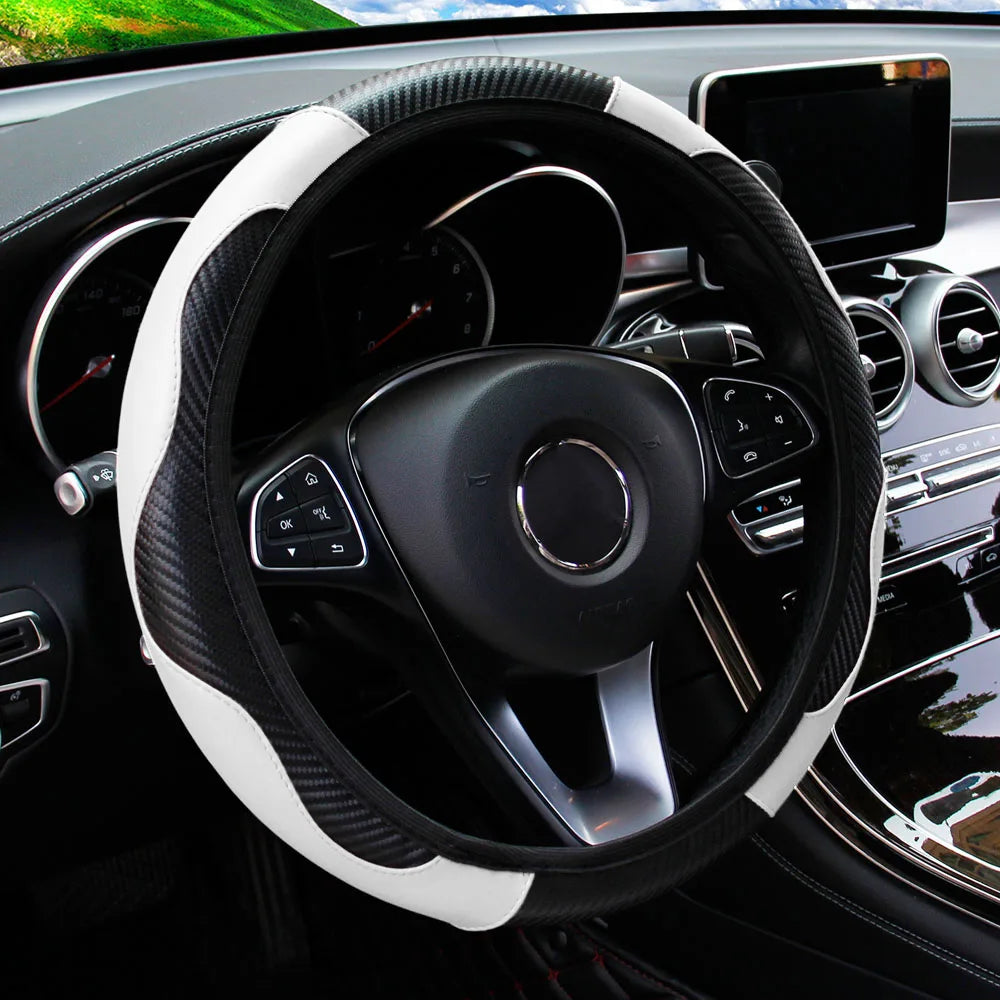Universal Fit PU Carbon Fiber Leather Car Steering Wheel Cover 14.5-15 Inch No Inner Ring Required Vehicle Decoration Accessory