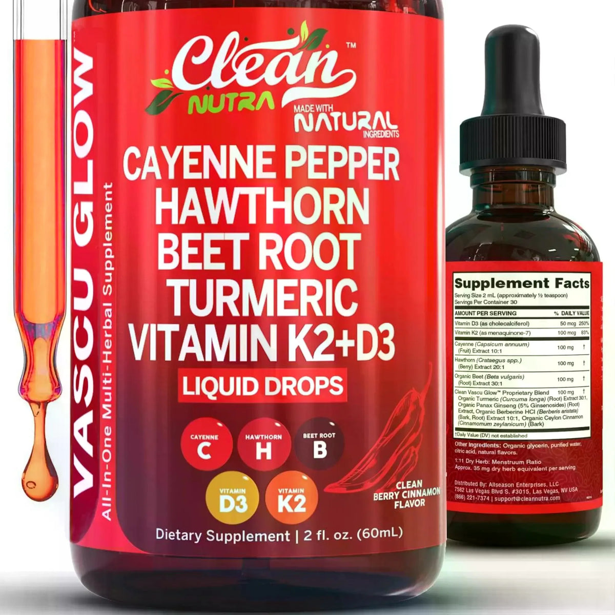 Clean Nutra Cayenne Pepper Supplement Drops + Hawthorn, Beet Root,Turmeric, Vitamin D3 K2 & More for Wellness Liquid Drop – Vascu Glow