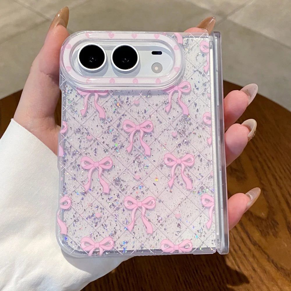 Luxury Glitter Sequins Transparent Bows Phone Case For iPhone Duo Clear Hinge Protection Soft Silicone Shockproof Bumper Cover