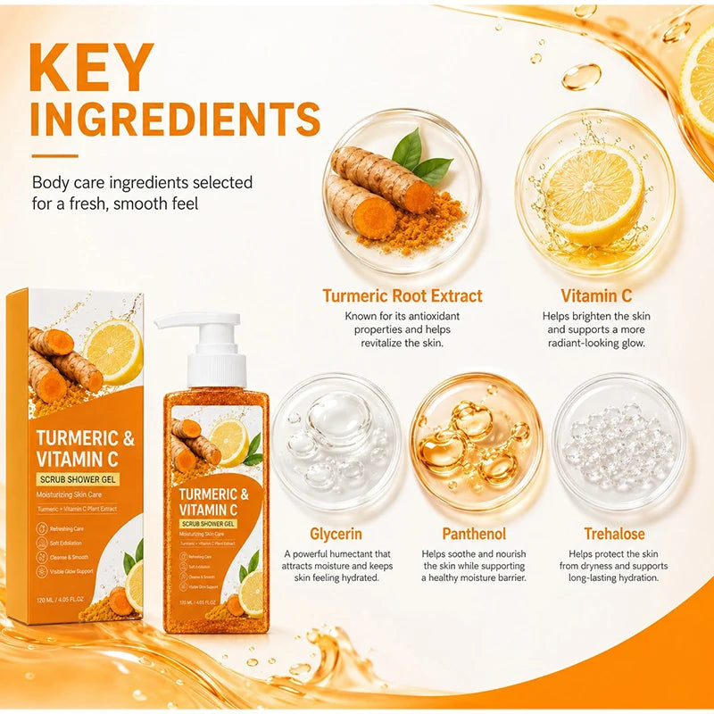 Turmeric Orange Vitamin C Body Wash Fresh Fragrance Shower Gel Moisturizing Brightening Exfoliating Deep Cleaning Smooth Skin