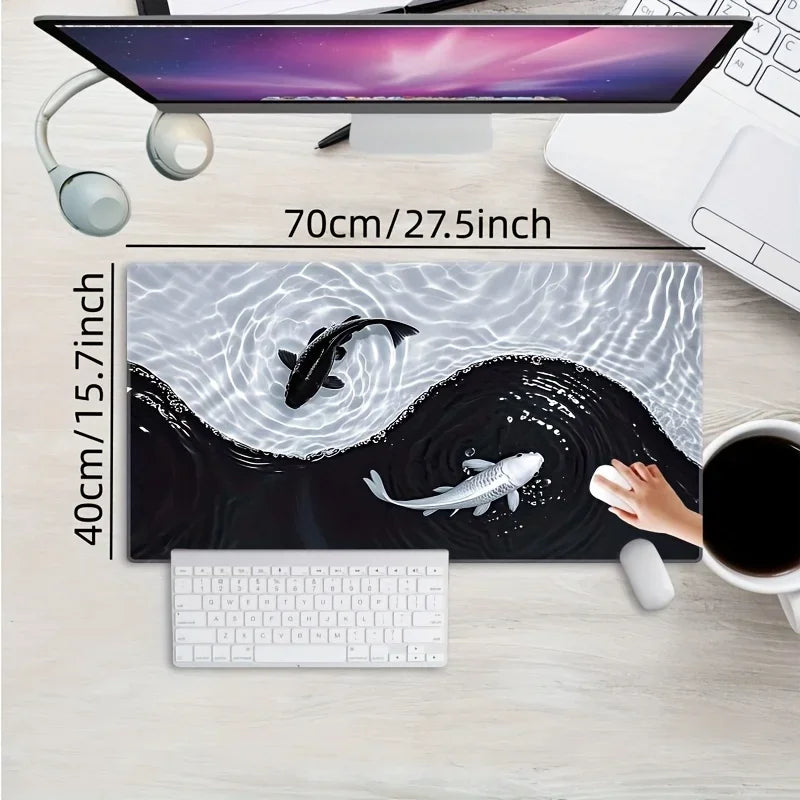 Tai Chi Koi Patterned Gaming Mouse Pad Non-Slip Rubber Base Precision Stitched Edges Waterproof Rectangular Desk Mat Office Game