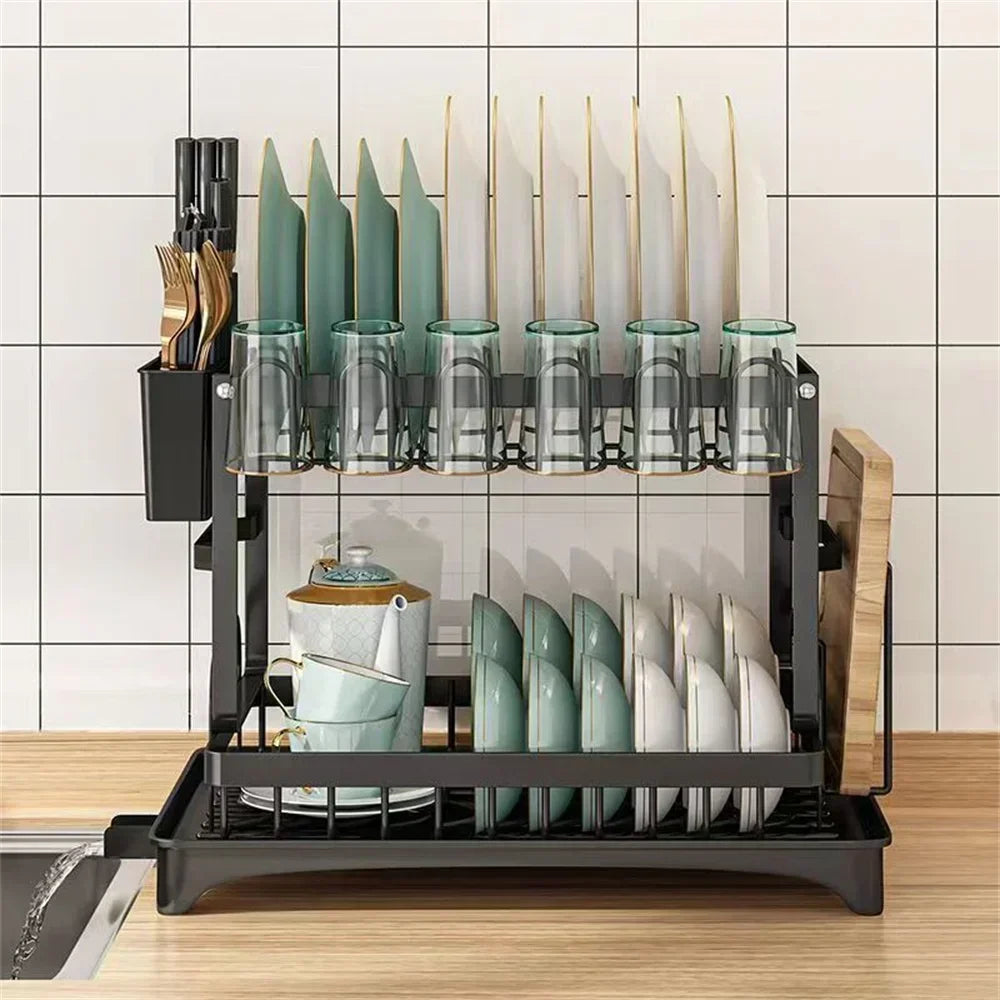 2 Tier Stainless Steel Dish Drying Rack With Drainboard Kitchen Tableware Storage Organizer