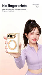 For iPhone Duo Transparent Magnetic Case For MagSafe 360° Rotating Bracket Hinge Protection Cover With Tempered Glass Film
