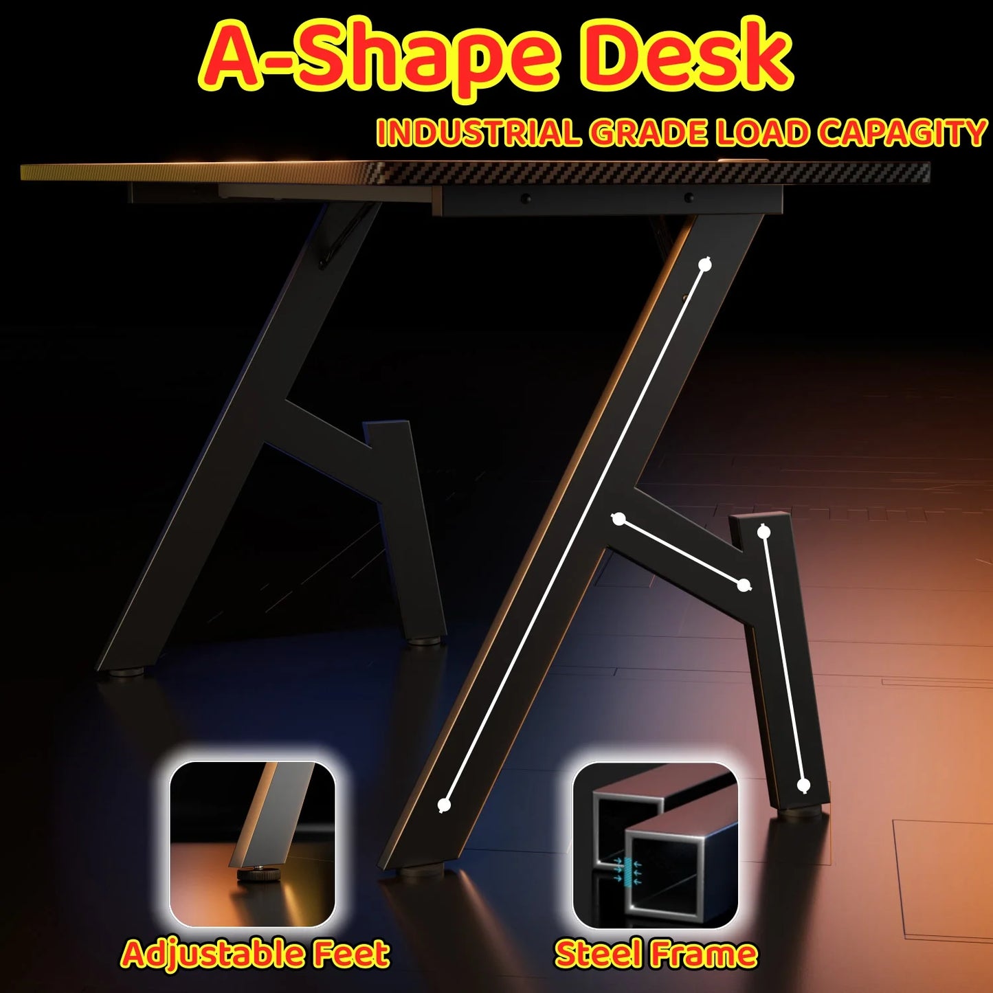 80/100/120/140cm Gaming Desk, A-Shaped Office Desk with Cup Holder Headphone, Modern Carbon Fiber Mesa Gamer for Home Office