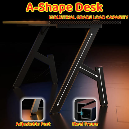 80/100/120/140cm Gaming Desk, A-Shaped Office Desk with Cup Holder Headphone, Modern Carbon Fiber Mesa Gamer for Home Office