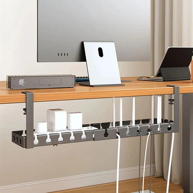 Retractable No Drill Clamp On Under Desk Cable Tray Metal Power Strip Wire Organizer Router Cord Storage Holder