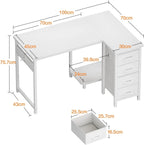 Coleshome Corner Desk, 100X70Cm Desk L Shape with 4 Drawers, Reversible Computer Gaming Desk for Office Study Bedroom, White