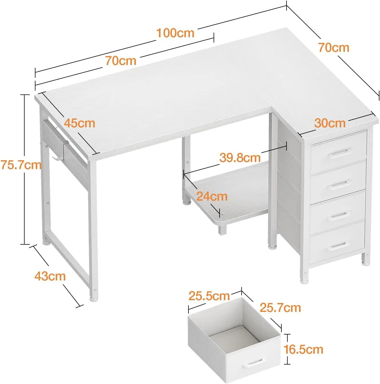Coleshome Corner Desk, 100X70Cm Desk L Shape with 4 Drawers, Reversible Computer Gaming Desk for Office Study Bedroom, White
