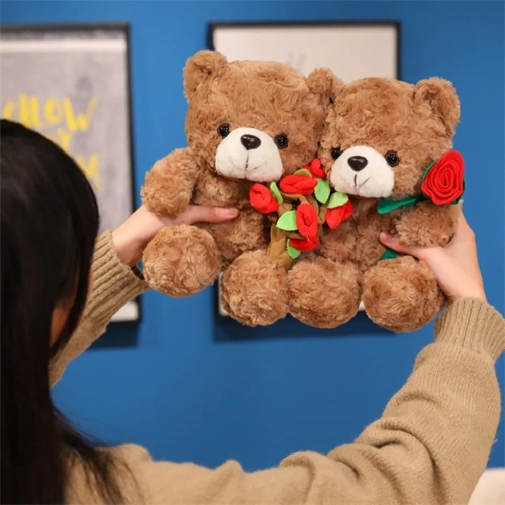 Lovely 16/25CM Bear Plush Toy Romantic Red Heart Rose Bear Doll Cute Soft Holding Flowers Bear Doll Home Decoration