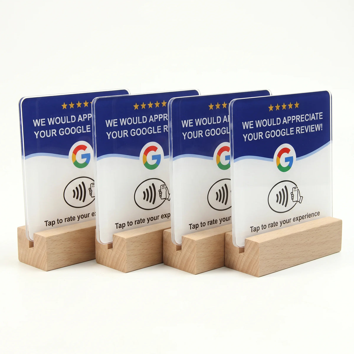 4-Pack Acrylic NFC Google Review Cards with Four Wooden Bases Included for Interactive Feedback And Reviews