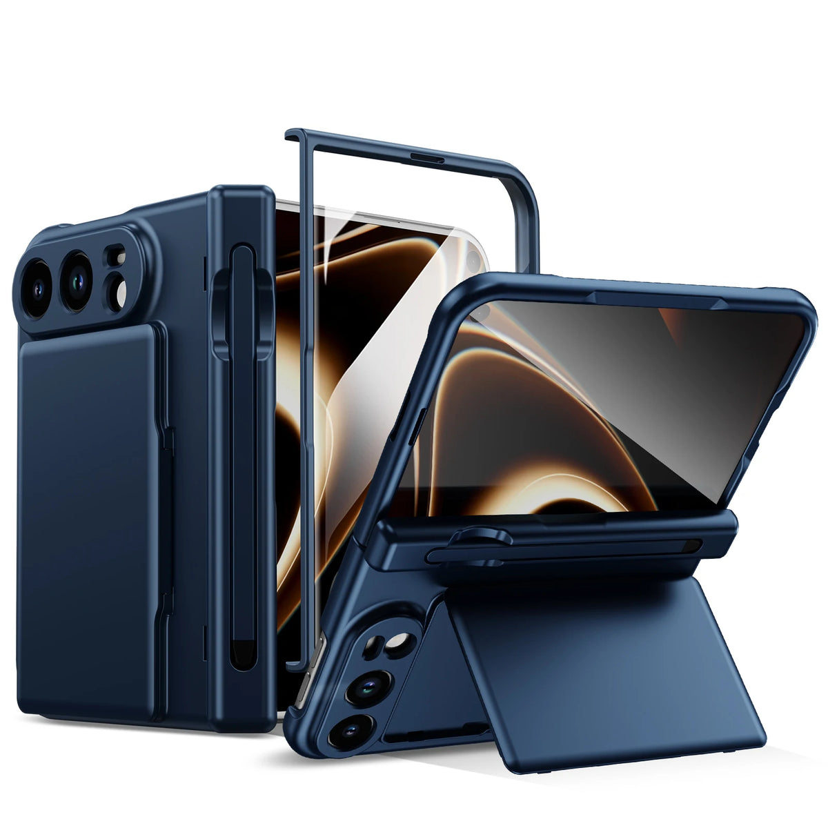 Card Holder Wallet Case For Apple iPhone Duo Kickstand Pen Slot Glass Screen Protector Hinge Shockproof Protective Phone Cover