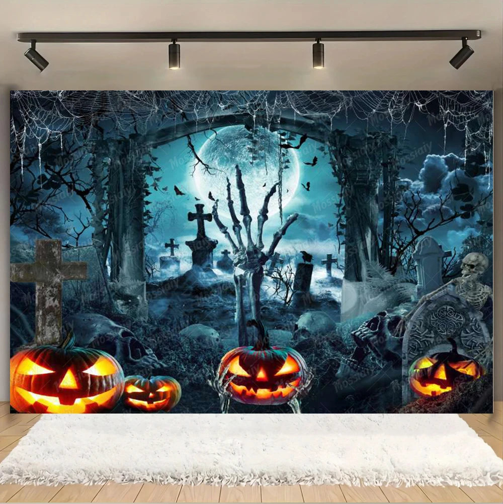 Horror Halloween Photography Background Moon Night Castle Forest Pumpkin Lantern Skeleton Family Party Photo Backdrop Decoration
