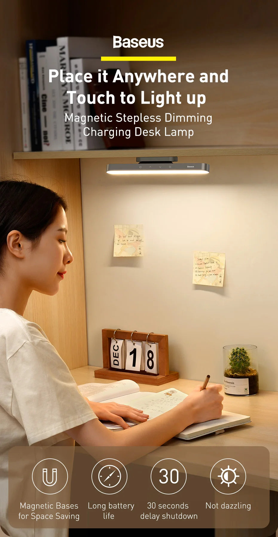 Baseus Desk Light Magnetic Hanging Table Lamp Rechargeable LED Stepless Dimming Desk Lamp Read Study Work Eye Protection Light