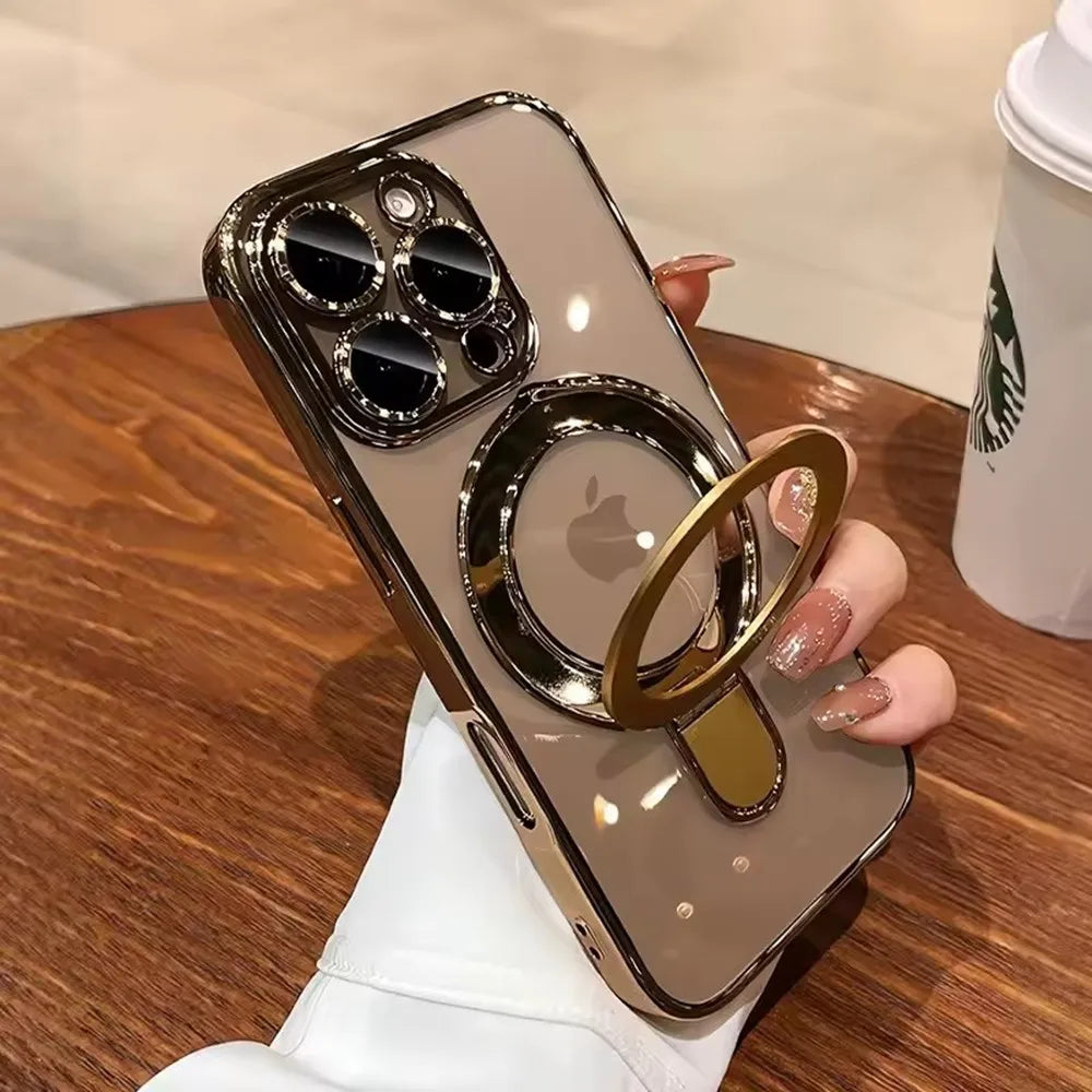 Luxury For Magsafe Bracket Case For iPhone 16 17 18 15 14 13 12 Pro Max 16 Plus Magnetic Ring Stand Holder Clear Acrylic Cover
