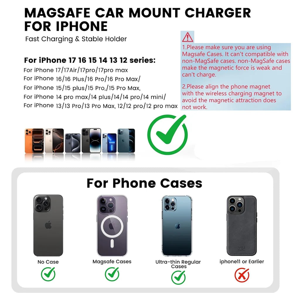 30W Fast Charging Magnetic Car Wireless Charger, LED Light Phone Mount Holder for iPhone 12, 13, 14, 15，16，17， Pro Max