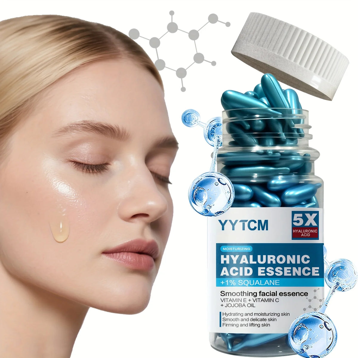 Hyaluronic Acid Deep Moisturizing Capsule Essence, Hydrates and Smoothes the Skin, Contains Plant-Derived Squalane, Vitamin E, Vi