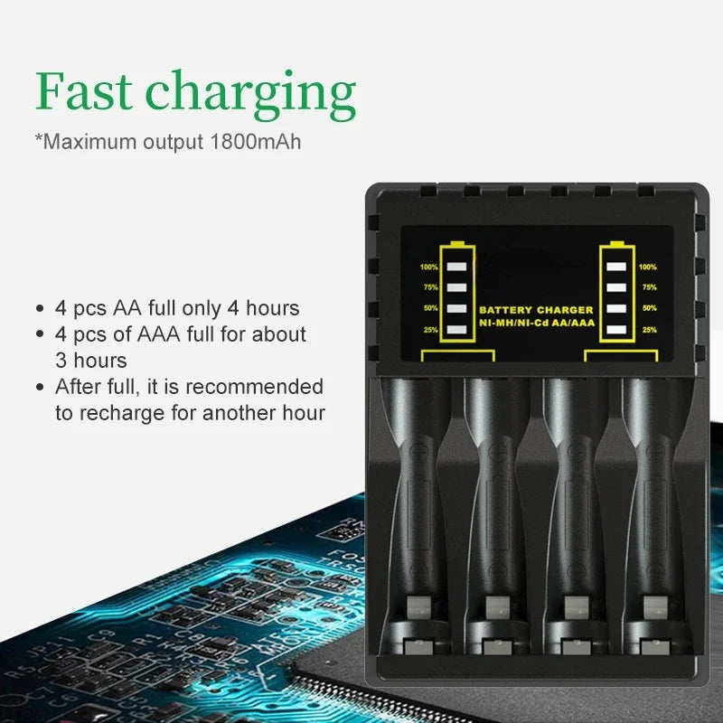 Battery Charger 4 Slot Intelligent Fast Charge With Indicator For 1.2V NiMH NiCd AAA/AA Rechargeable Battery USB C Micro Charger