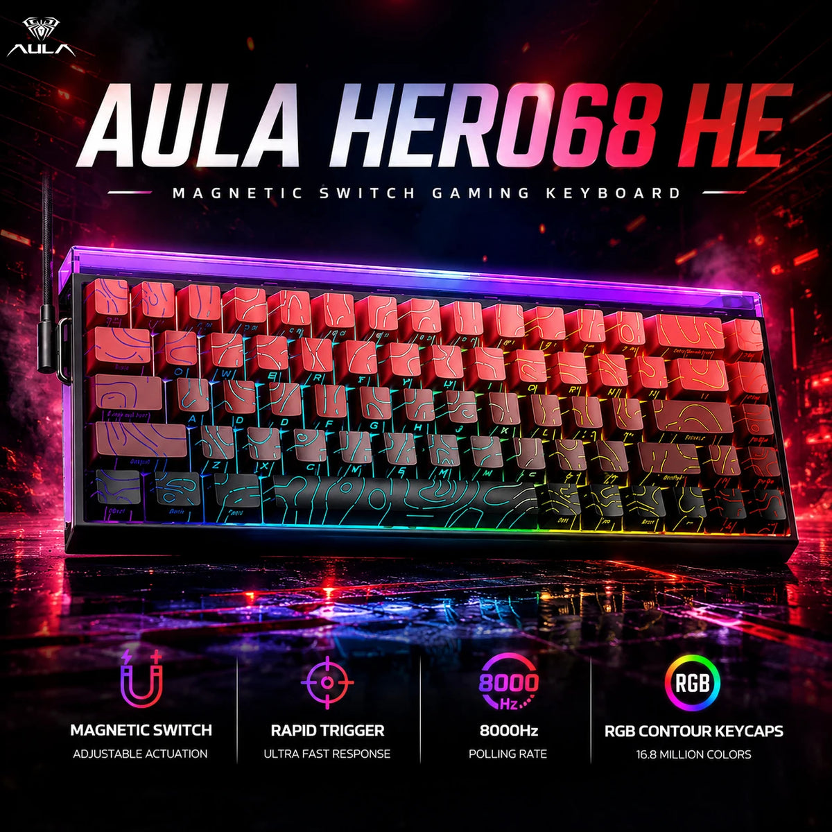 AULA HERO 68 HE Hall Effect Gaming Keyboard 65% Wired RGB Hot Swappable 8K Polling 0.01mm Magnetic Switch for PC Gamers