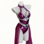 Womens Halloween Costume Shiny Metallic Purple Bodysuit Set Halter Jumpsuit With Long Chiffon Cape Halloween Party Fancy Costume