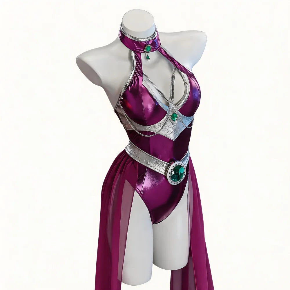 Womens Halloween Costume Shiny Metallic Purple Bodysuit Set Halter Jumpsuit With Long Chiffon Cape Halloween Party Fancy Costume