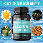 Calcium Supplement with Vitamin D3 K2 B12 - Supports Bone Health,Relieves Bloating, Immune System, Improves Absorption