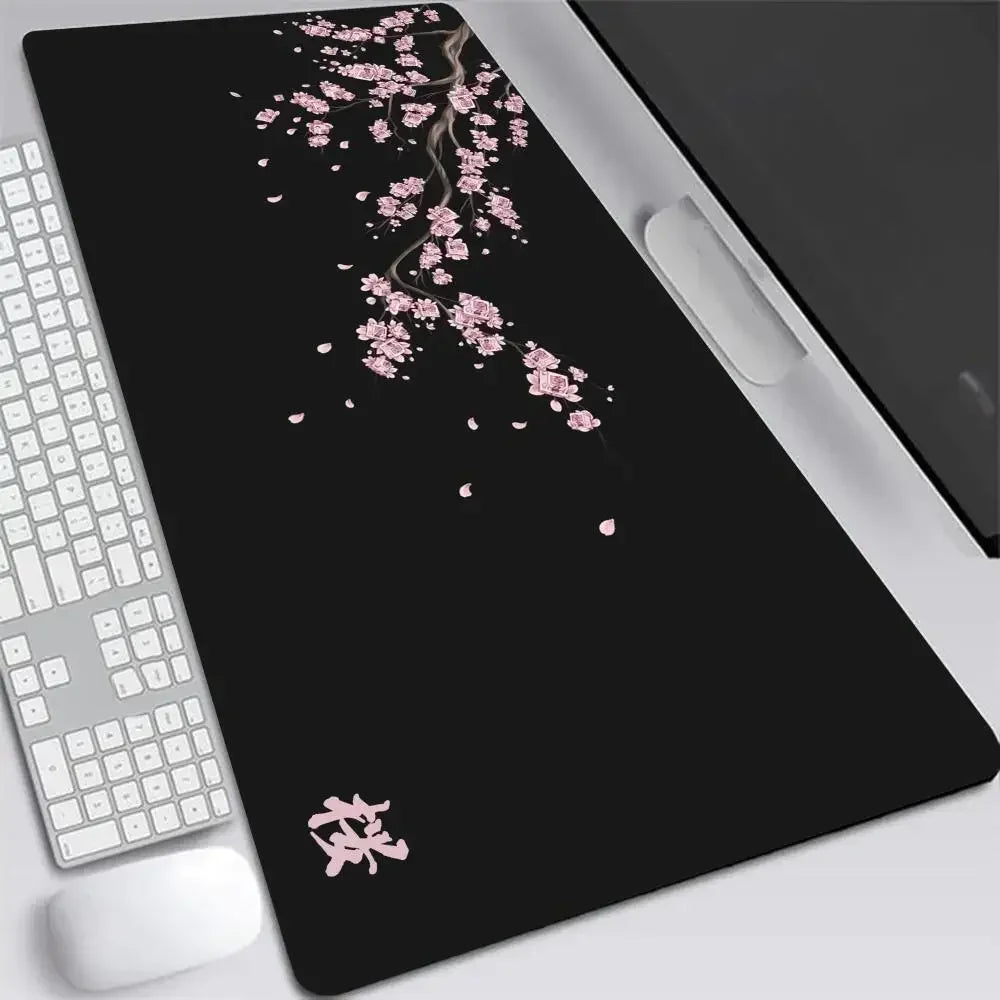 Alfombrilla de ratón XXL japonesa de flor de cerezo, gris, para laptops, escritorio de juego, sakura, anime, alfombra de oficina, gamer, teclados, computadoras y escritorios