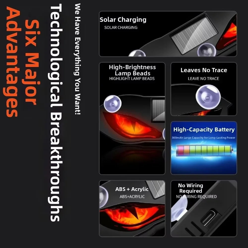 KEVANLY Solar Power Car Demon Eye Light Cool Flashing Warning Light Dynamic Safety Vehicle Signal Lights Universal