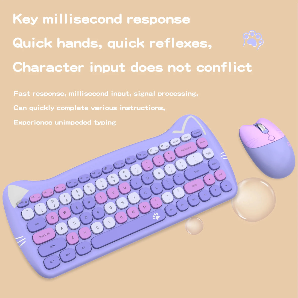 GEEZER Wireless Silent Keyboard Mouse Combo, Pink-Black Cat Ear Retro Round Keycaps US QWERTY Layout