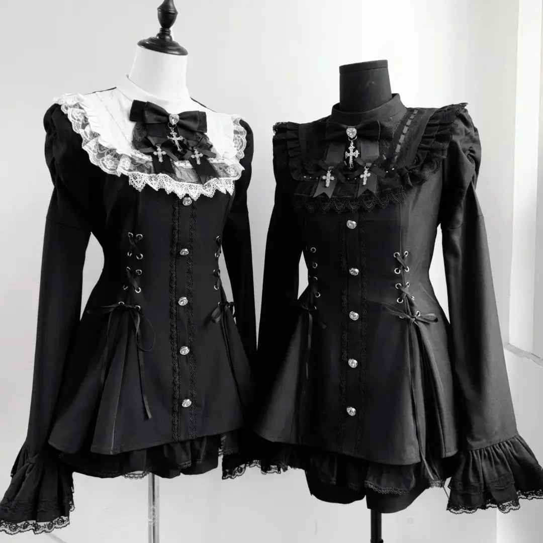 Y2k Aesthetic Lolita Style Bow Dress Shorts Set Japanese Women Gothic Lace Flare Sleeve Button Shirt Dress Punk Party Mini Dress