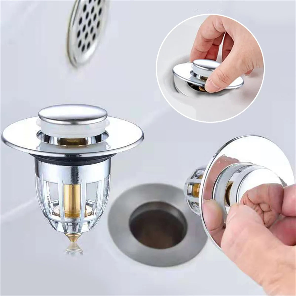 Universal Rebound Drain Plug Filter Basin Pop-up Chrome Sink Filter with Hair Catcher Bathroom Sink Drain Stopper Easy Push Type
