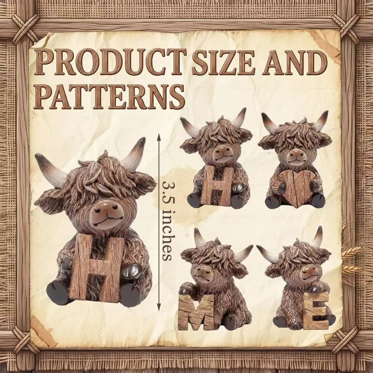 4-piece set, Highland cow ornaments, HOME letter style wooden Highland cow tabletop decoration, cow elf statue, suitable for living room, bedroom, fireplace mantel, and desk decoration