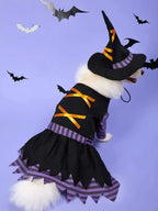 Halloween Pet Witch Costume with Hat Dog Cat Witch Dress Puppy Kitten Cosplay Outfit Holiday Party Fancy Dress