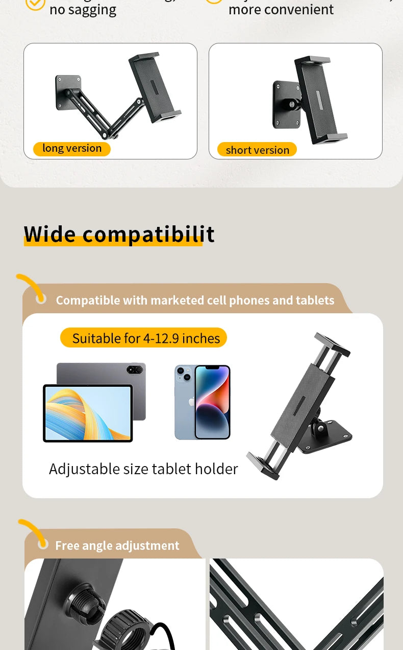 Adjustable Tablet and Phone Wall Mount Long Arm 360 Degree Rotating Holder