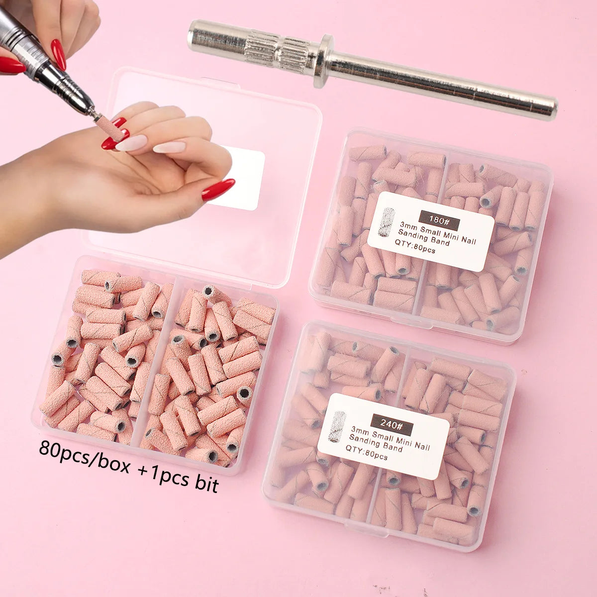80pcs/box Pink 3.1mm Mini Sanding Bands Kits Nail Drill Bits Mandrel Sets Electric Manicure Accessories Tool Dead Skin Remover