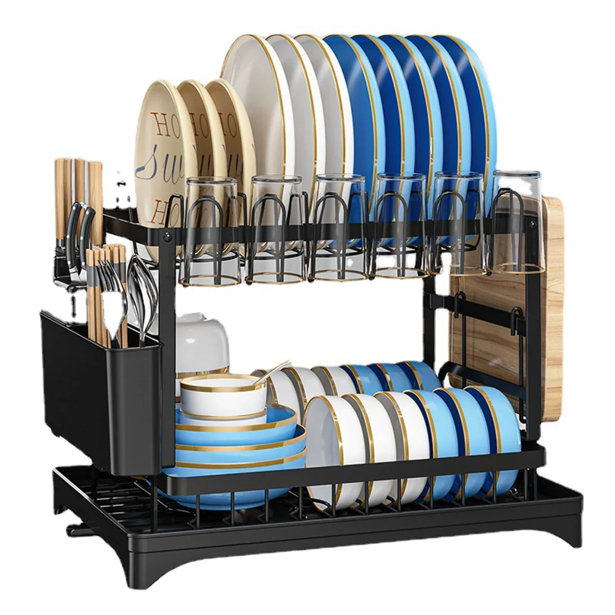 2 Tier Stainless Steel Dish Drying Rack With Drainboard Kitchen Tableware Storage Organizer