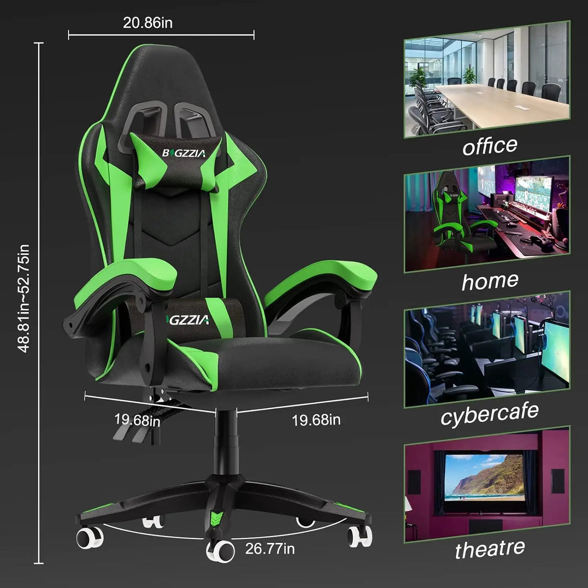 Ergonomic Gaming Chair PU Leather High Back Reclining Office Desk Chair with Lumbar Support, Racing Style, Black Green, Adjustable Headrest