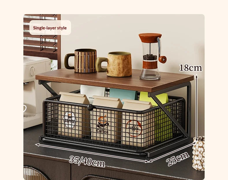 Kitchen Counter Shelf Organizer Ironwood Drawer Storage Rack Coffee Accessories Station for Room and Pantry Home Storage