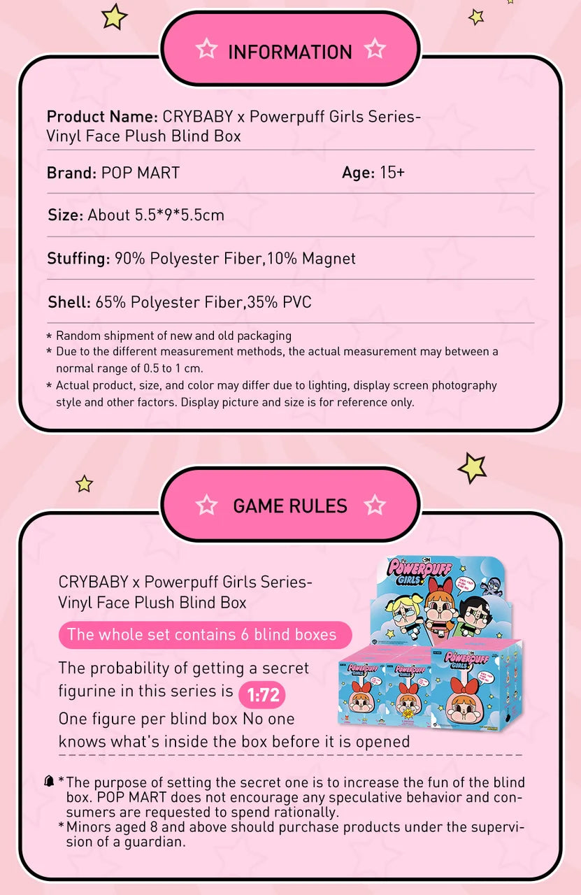 POP MART CRYBABY x Powerpuff Girls Series - Vinyl Face Plush Blind Box 1PC/6PCS Mystery Box